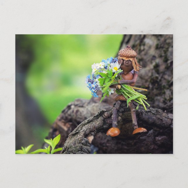 Acorn elf fille avec des fleurs carte postale (Devant)