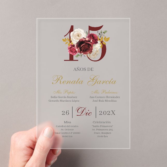 Acrylic Burgundy floral quinceañera invitation (In situ (ordinateur de poche))