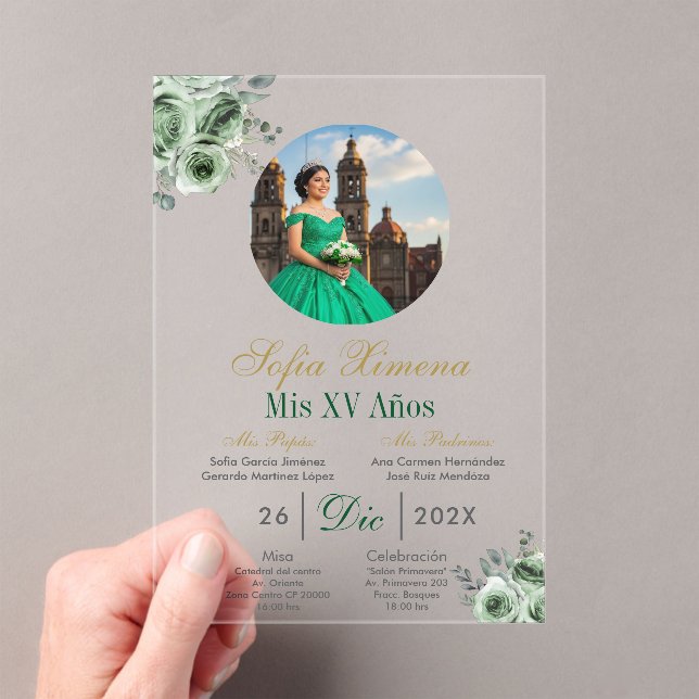 Acrylic Green elegant dress Quinceañera Invitation (In situ (ordinateur de poche))