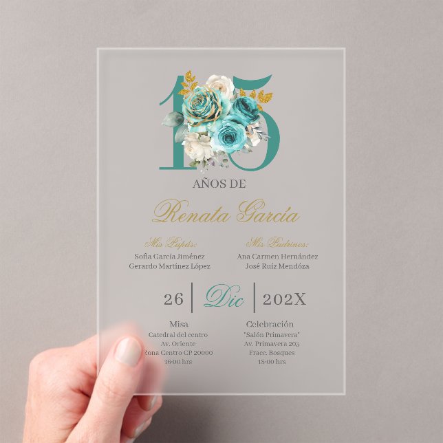 Acrylic Turqouise floral quinceañera invitation (In situ (ordinateur de poche))
