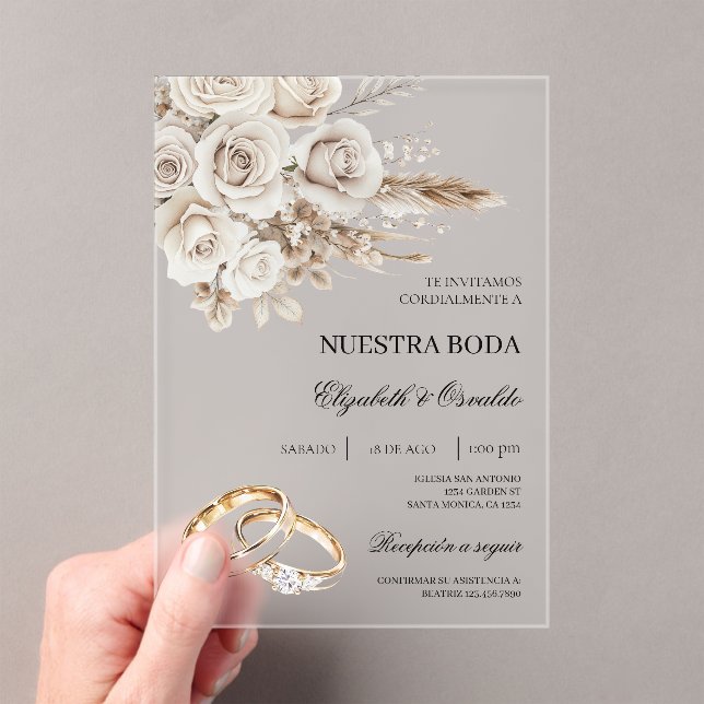 Acrylic White Floral Spanish Wedding Invitation (In situ (ordinateur de poche))