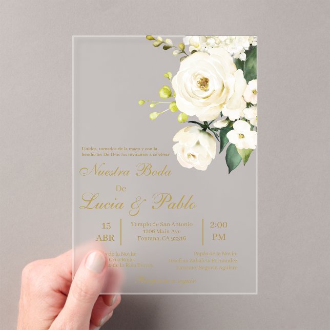 Acrylic white rose Wedding invitation in spanish (In situ (ordinateur de poche))