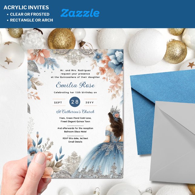 Acrylique Quinceañera Invitations Marine Robe Bleu (Créateur téléchargé)