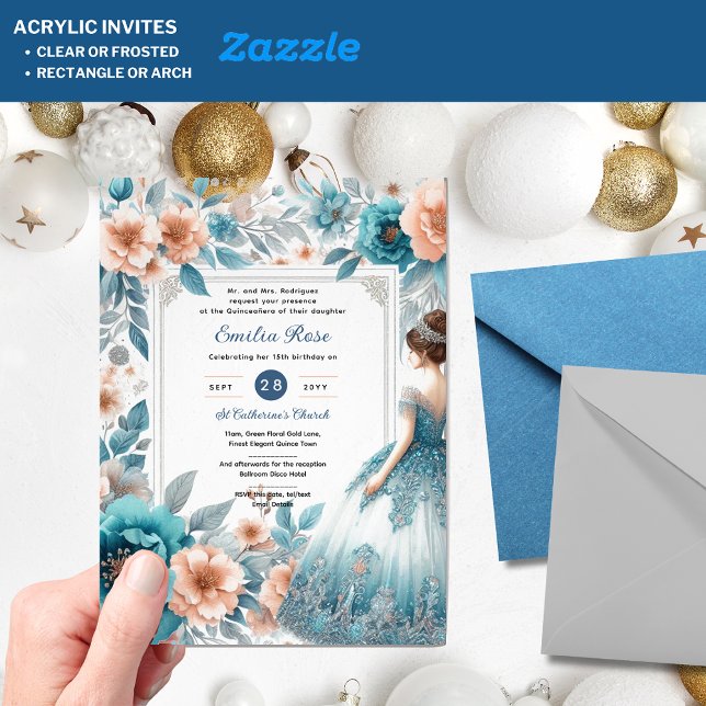 Acrylique Quinceañera Invitations Marine Robe Bleu (Créateur téléchargé)