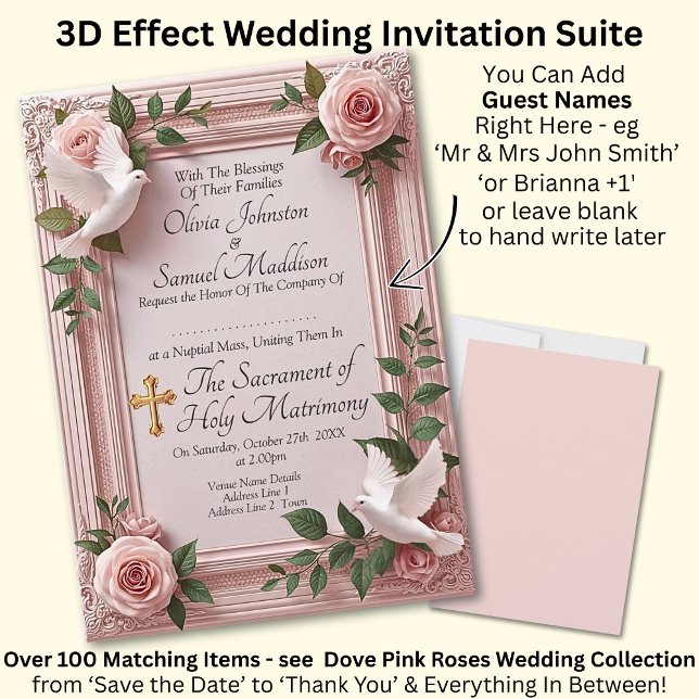Add Guest Names, Doves and Pink Roses Invitation (Créateur téléchargé)