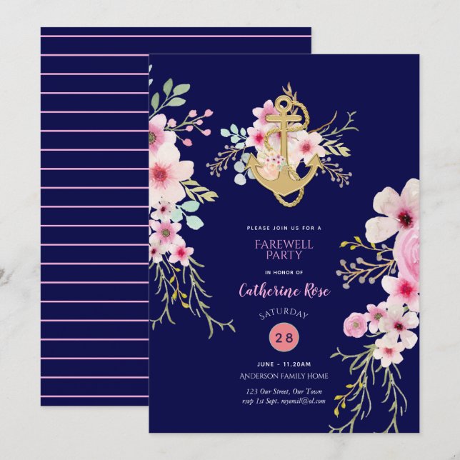 Adieu nautique Invitations Marine bleu rose floral (Devant / Derrière)