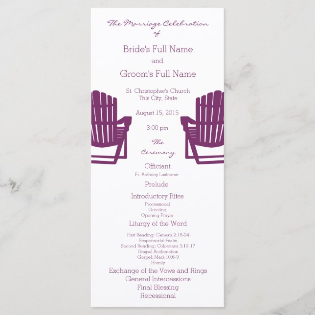Adirondack Chaises Plum Beach Wedding Programme (Devant)