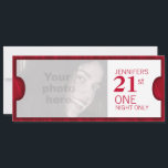 Admettre deux VIP 21e anniversaire invitation phot<br><div class="desc">Graphic ajouter votre propre billet photo admettre un invitation de fête de style. Parfait pour une invitation de fête de 21e anniversaire à l'invitation votre couple spécial VIP amis. Ajoutez les détails de votre fête et la photo pour cette touche personnelle. Uniquement conçu par Sarah Trett.</div>