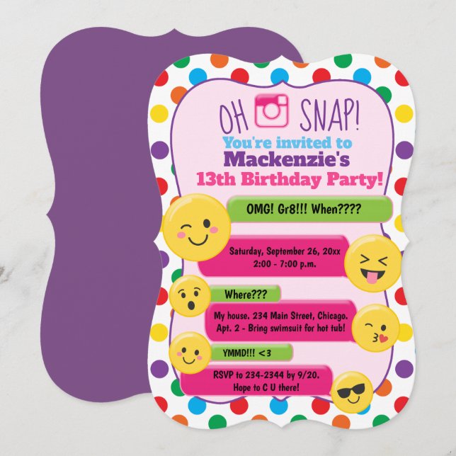 Ado Emoji fille Tween Anniversaire Invitation Die  (Devant / Derrière)