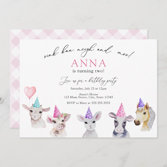 Adorable Animaux de ferme Fille Invitation d'anniv (Devant / Derrière)