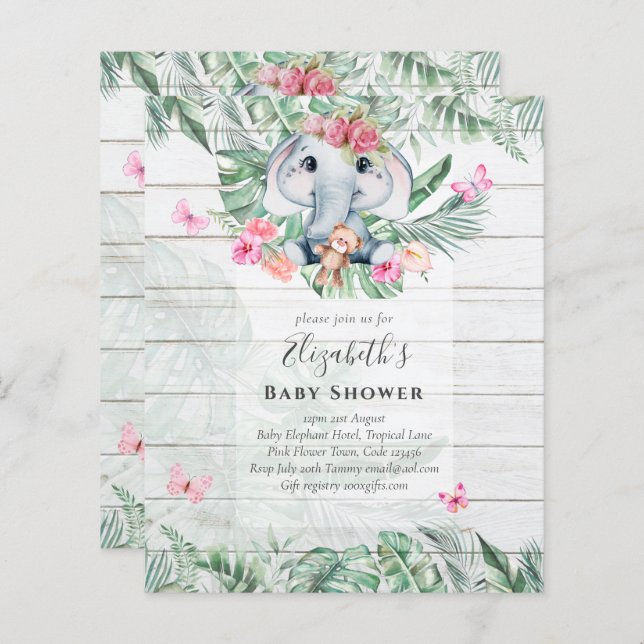 Adorable Baby Elephant Girls Baby showers Invitati (Devant / Derrière)