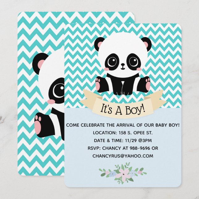 Adorable Baby Panda Blue Baby Shower Invitations (Devant / Derrière)