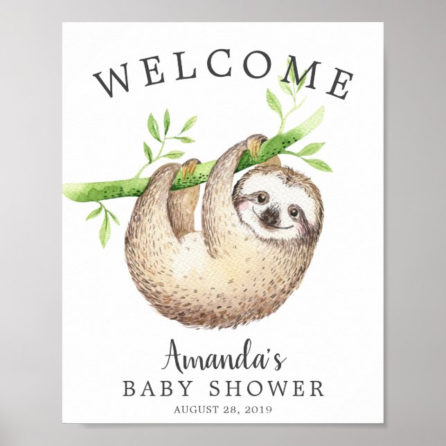 Adorable Baby Sloth Welcome Baby shower Poster (Devant)