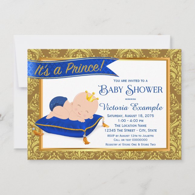 Adorable Blue Gold Prince Baby Shower Invitations (Devant)