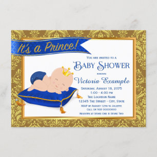 Adorable Blue Gold Prince Baby Shower Invitations