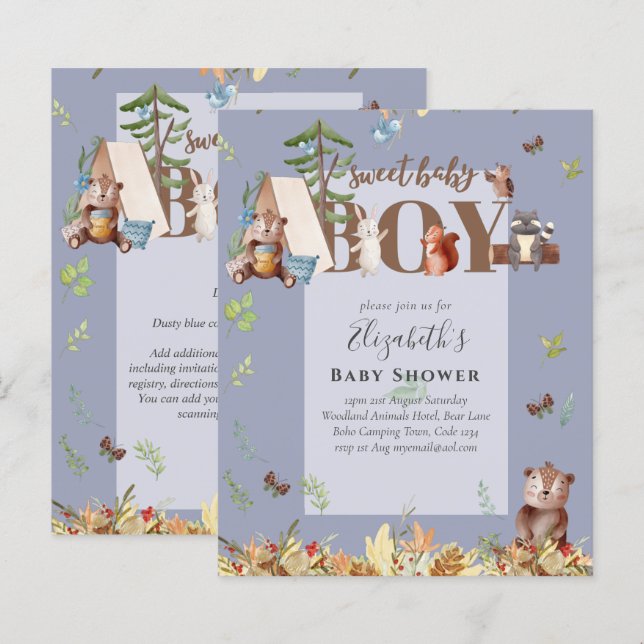 Adorable Bois Ours Camping Boys Baby shower Dans (Devant / Derrière)