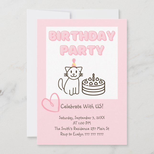 Adorable Cat&Cake Invitation Anniversaire (Devant)