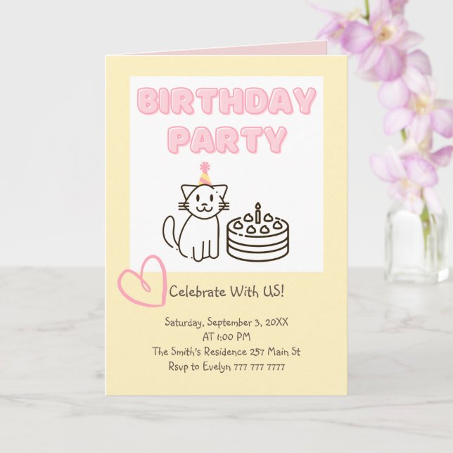 Adorable Cat&Cake Invitation Anniversaire (Orchidée)