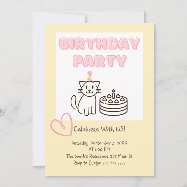 Adorable Cat&Cake Invitation Anniversaire (Devant)