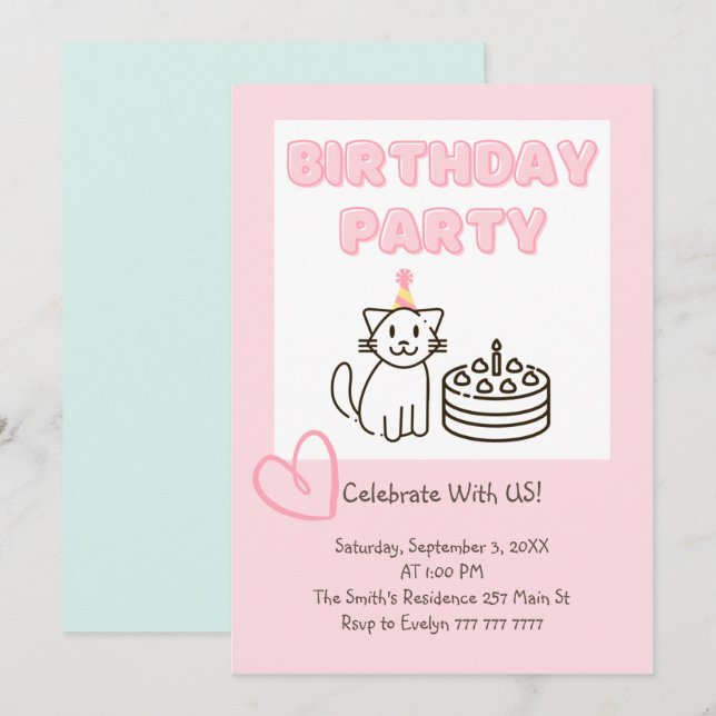 Adorable Cat&Cake Invitation Anniversaire  (Devant / Derrière)