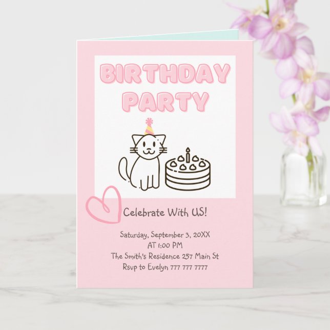 Adorable Cat&Cake Invitation Anniversaire (Orchidée)