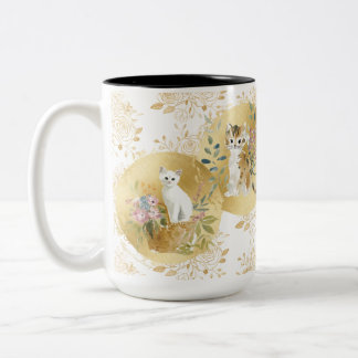Adorable Cats Mug Gold White Watercolor 15 oz