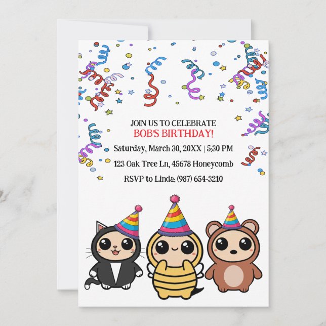 Adorable chat, abeille et ours Invitation d'annive (Devant)
