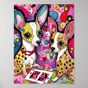 Adorable Chihuahua chiens jouant aux cartes Poster