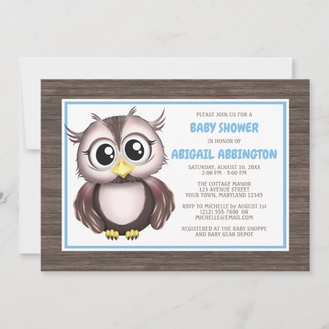 Adorable Chouette Brown Bleue Invitations de douch (Devant)