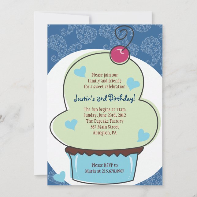 Adorable Cupcake Bleu Invitation Anniversaire (Devant)