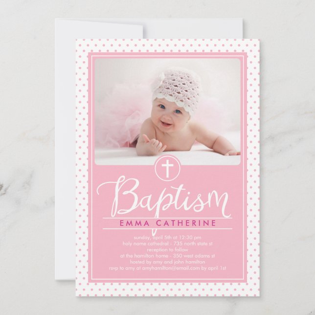 Adorable Dots Baptême Invitation - Rose (Devant)