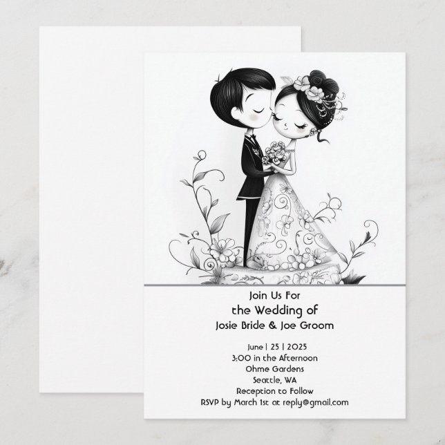 Adorable faire-part de mariage de couple illustré (Devant / Derrière)