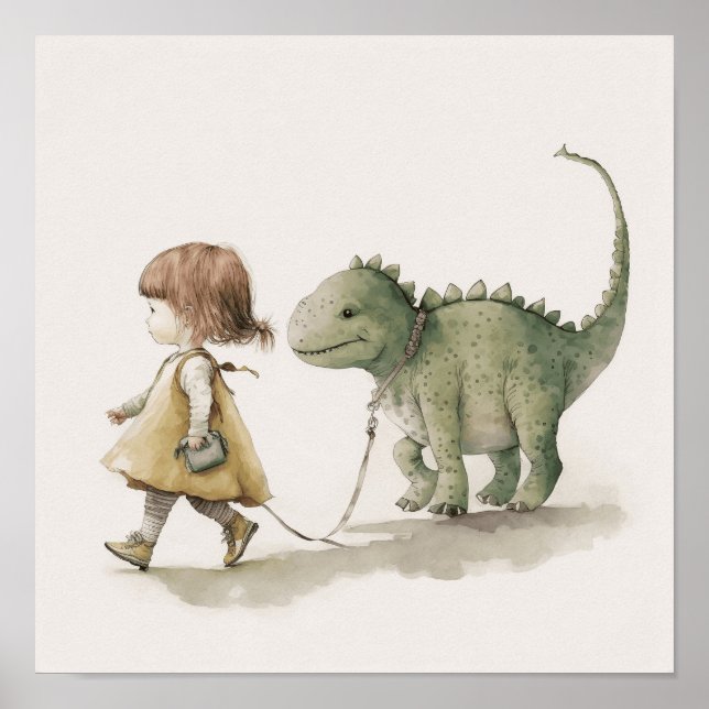 Adorable fille marchant dinosaure mur poster d'art (Devant)