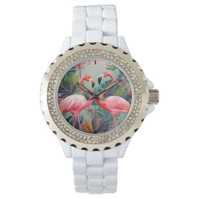 Adorable Flamant rose rose Rhinestone montre femme (devant)
