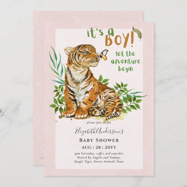 Adorable GARÇONS Tiger Baby shower Invitation (Devant / Derrière)