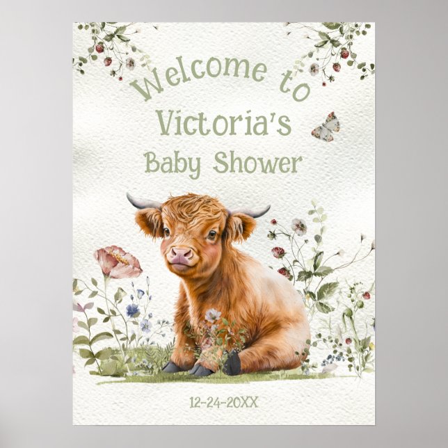 Adorable Highland Cow Baby shower Affiche de bienv (Devant)