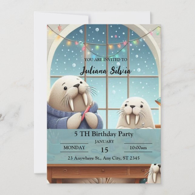 Adorable hiver Walrus Anniversaire Fête Invitation (Devant)