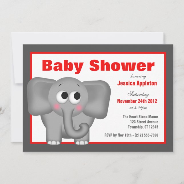 Adorable invitation à la douche rouge bébé éléphan (Devant)