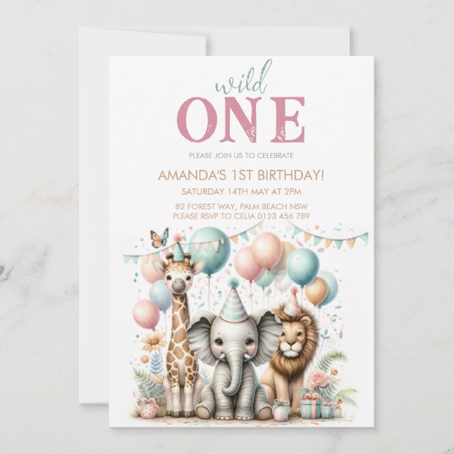 Adorable invitation d'anniversaire de fille sauvag (Devant)