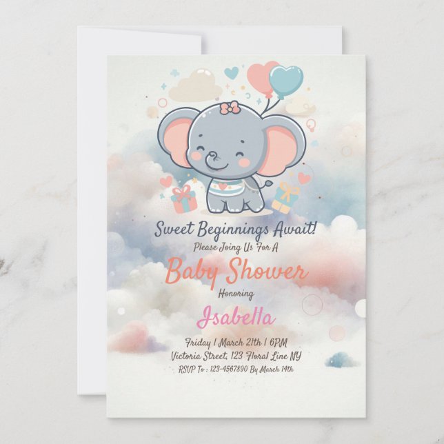 Adorable invitation de Baby shower avec nuages de  (Devant)