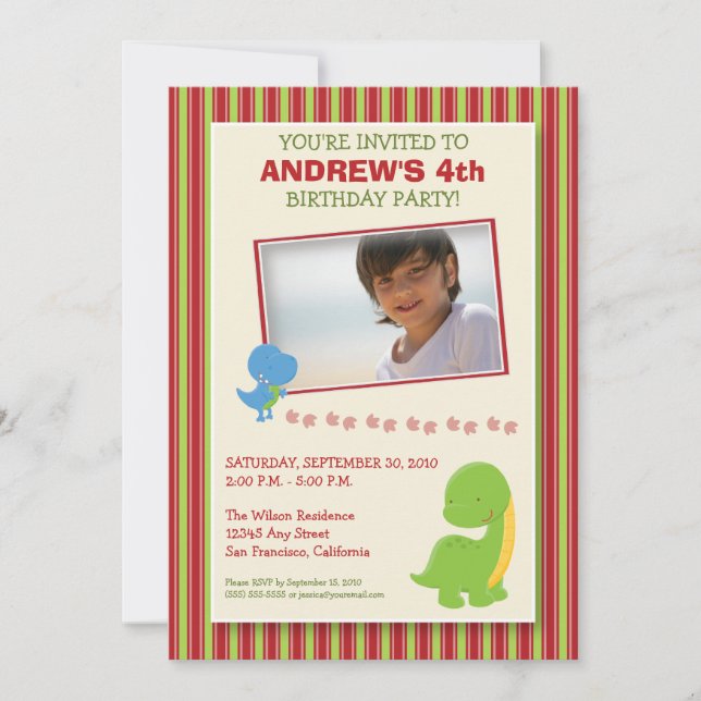 Adorable Invitation de fête d'anniversaire Dinosau (Devant)