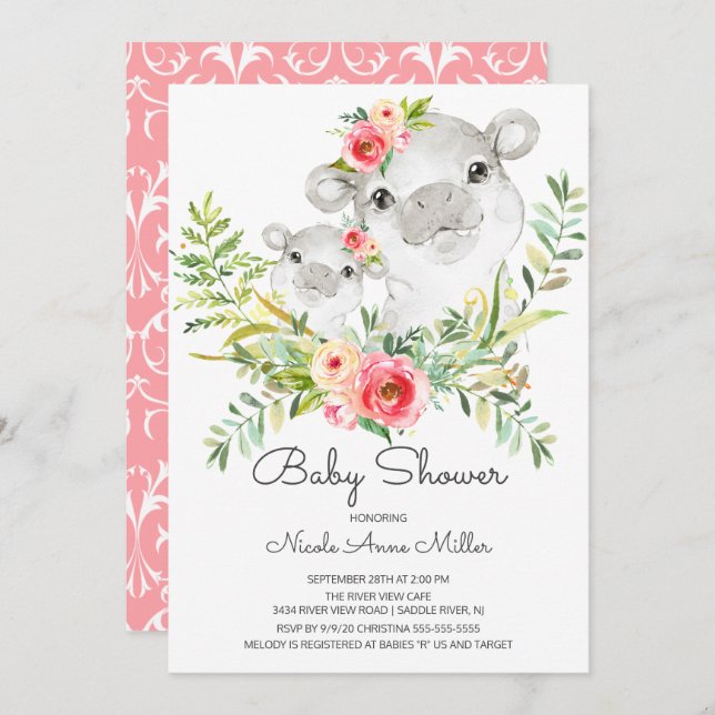 Adorable Jungle Hippo Baby shower Invitation (Devant / Derrière)