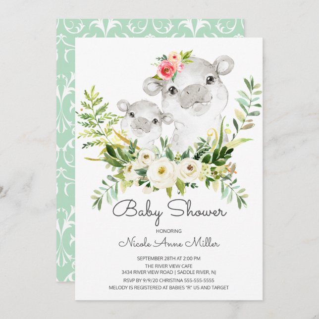 Adorable Jungle Hippo Baby shower Invitation (Devant / Derrière)