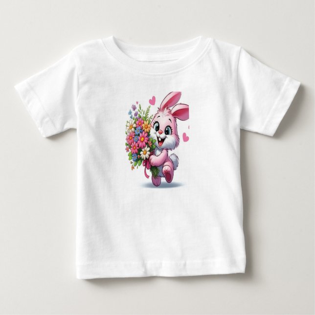 Adorable lapin rose avec Fleurs Baby Girl T-shirt (Devant)