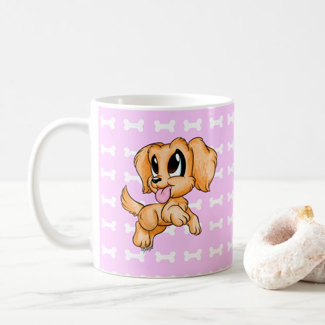 Adorable main tiré Golden Retriever Chien Mug rose (Avec donut)