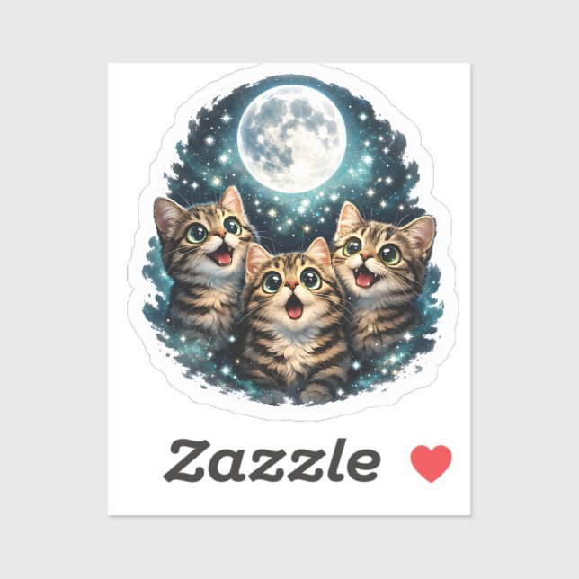 Adorable Meowing Kittens & Full Moon Sticker (Feuille)