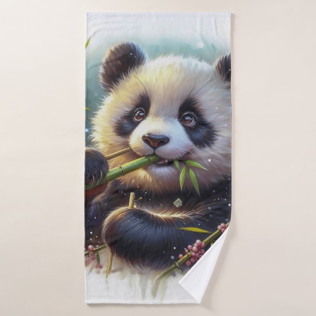 Adorable Ours De Panda Mangeant Bambou (Serviette de bain)