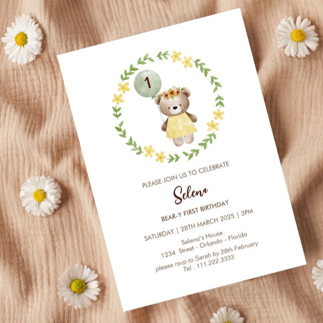 Adorable Ours Invitation d'anniversaire pour les f (Bear First Birthday Invitation)