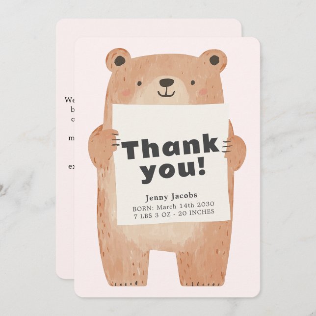 Adorable ours rose Faire-part bébé Merci (Devant / Derrière)