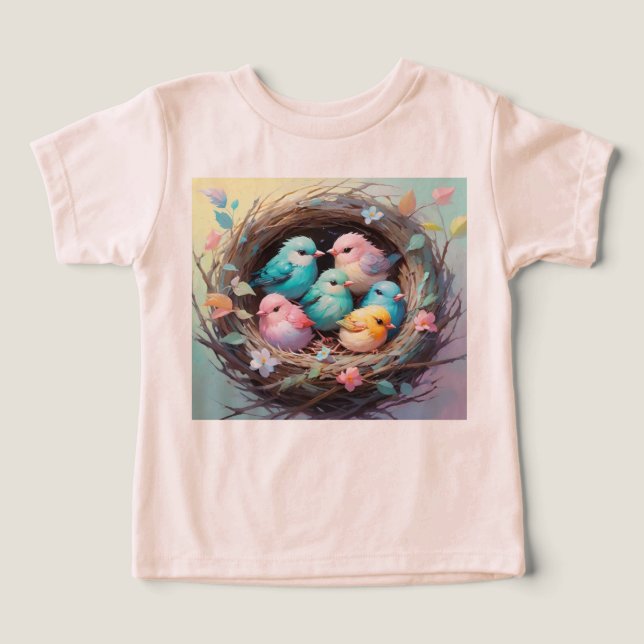 Adorable Pastel Bébé Oiseaux Dans Un Nid Floral (Design Recto)